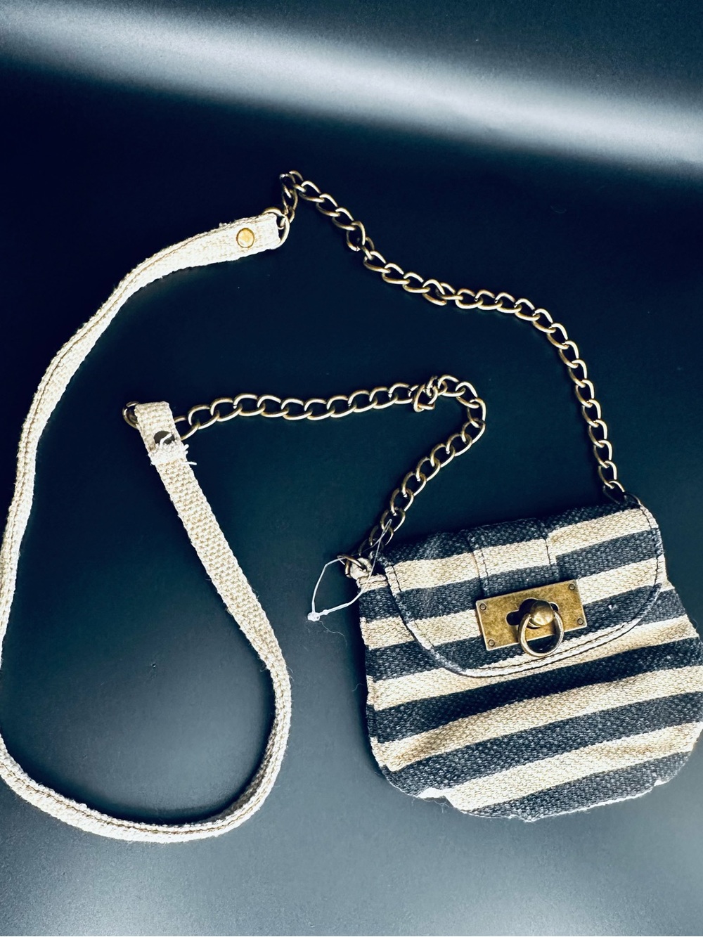 Striped Black and Cream Chain-Strap Crossbody Bag